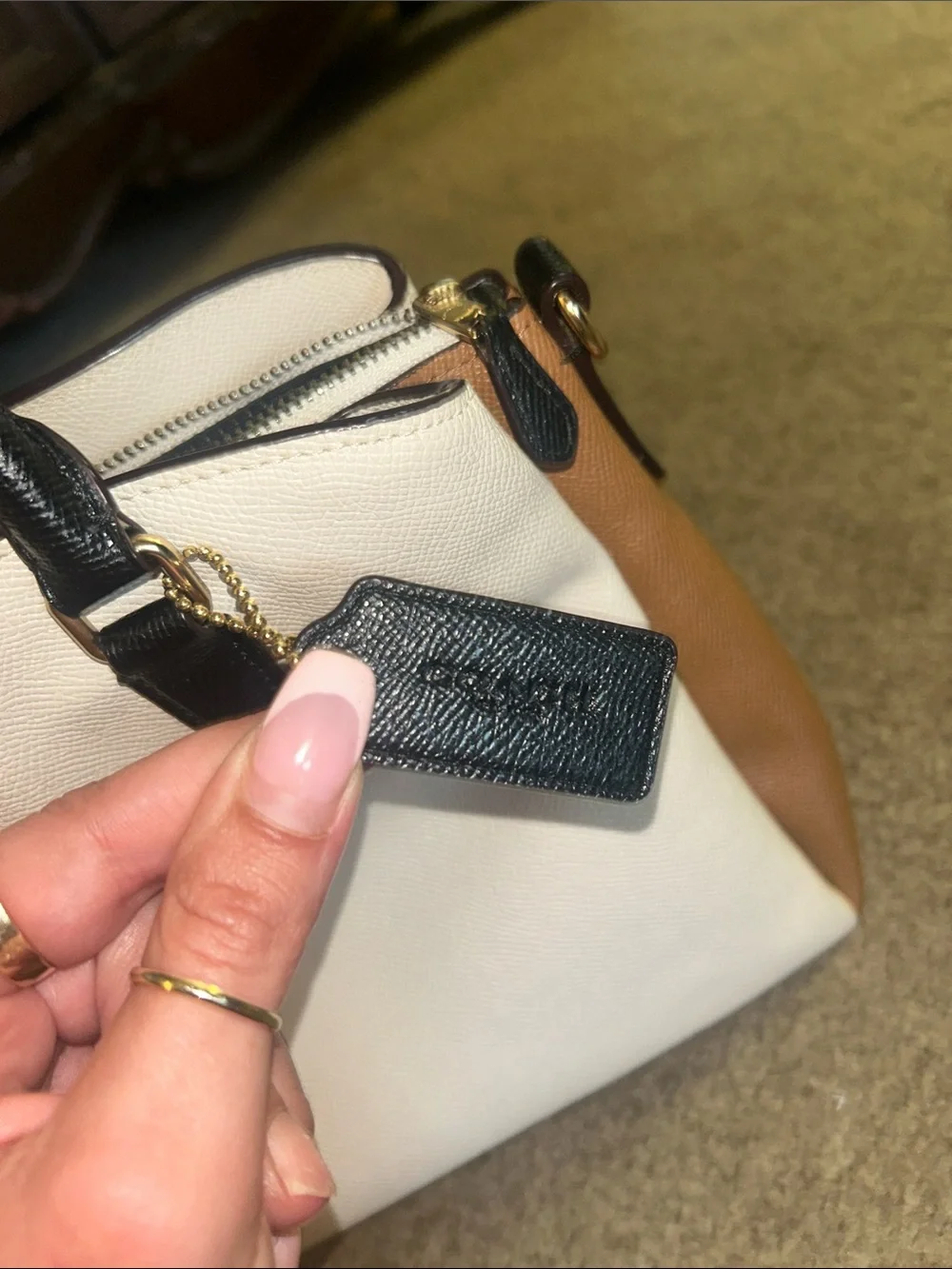Coach Two-Tone Leather Satchel in Cream, Brown and Black